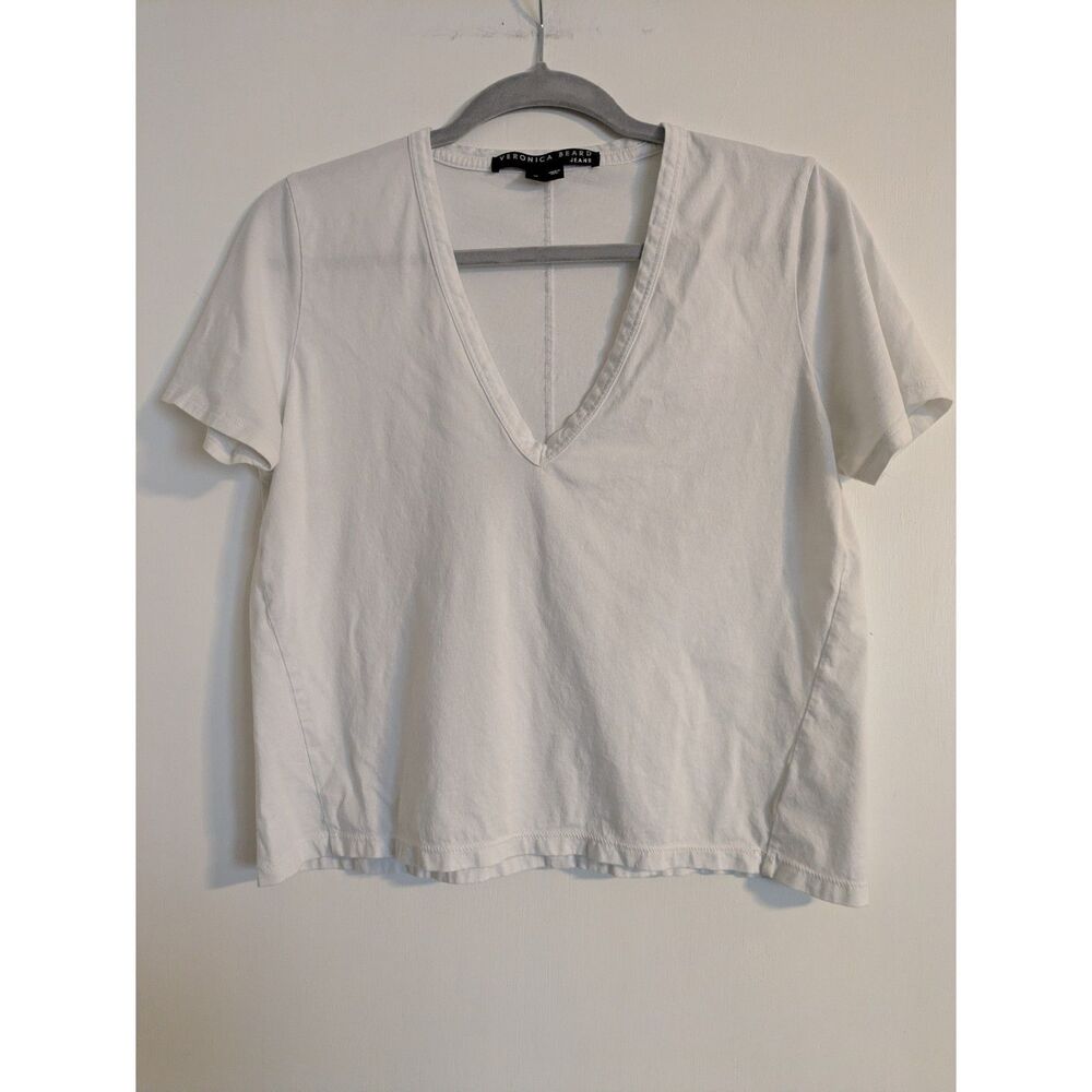 Veronica Beard Jeans Top M White Pima Cotton V Neck Short Sleeve Crop T-Shirt